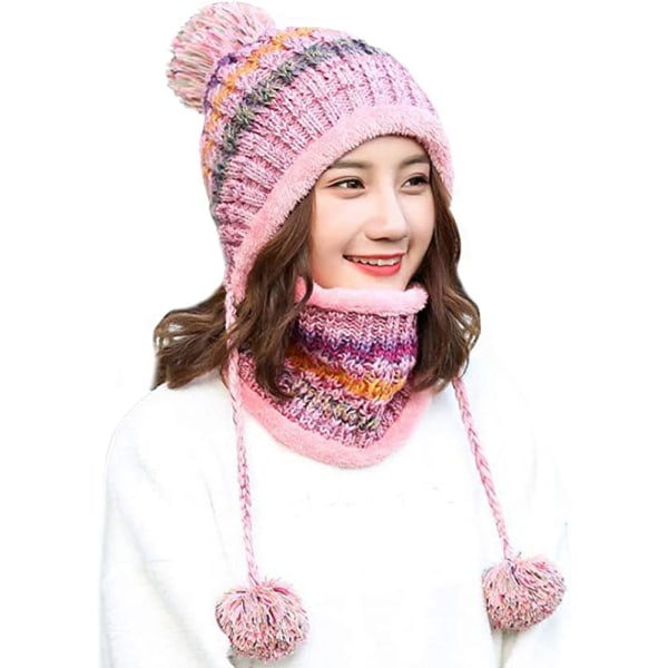 Women Winter Beanie Hat Peruvian Circle Scarf Set Ski Ear Flaps