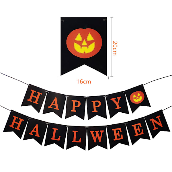 3 kappaletta HAPPY HALLOWEEN -banneria, jossa kurpitsamerkki ulkona