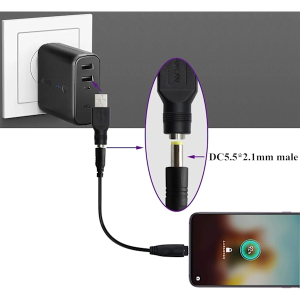 USB2.0 A Han till DC 5.5x2.1mm Laddningsfatkontakt Adaptersladd USB-kontakt 5V, (2-pack)