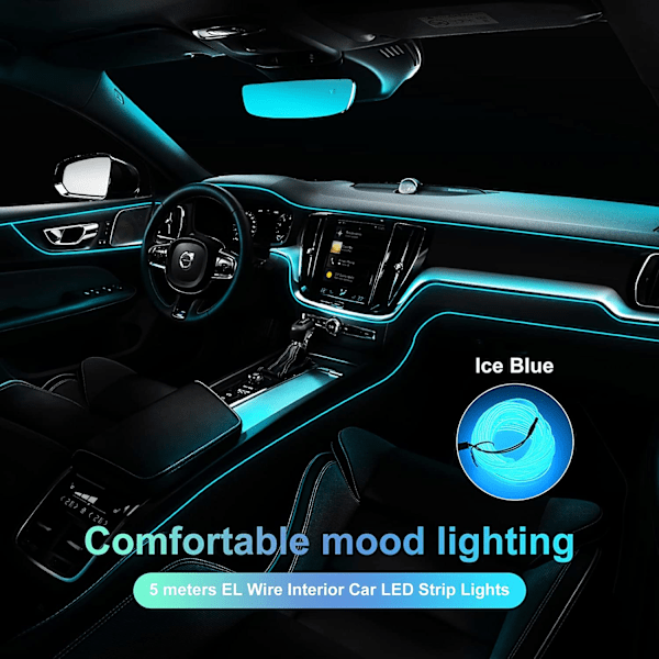 LED-sisävalonauha 5v EL-johto auto, 5m auton sisätilojen koristelu 6mm ompelureunalla, auton lisävarusteet USB-tunnelmavaloilla Sisäauton valot (jäänsininen)