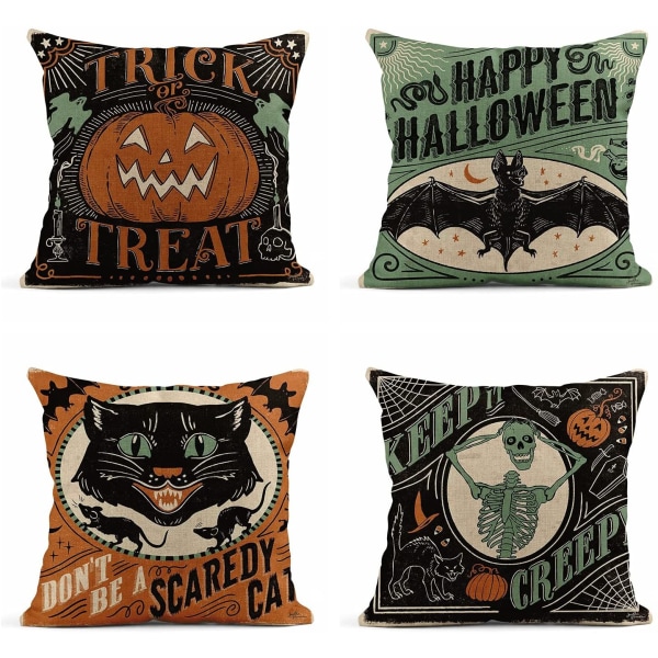 Set of 4 Linen Pillowcases 18x18 Inch Retro Halloween Scary