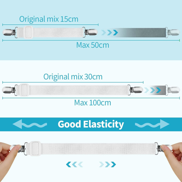 8 stk. (15 cm til 100 cm) Lagenspænder, Justerbar Lagenklemme, Hold Down Spændere Passer Til Alle Senge og Madrasser og Sofa (Hvid)