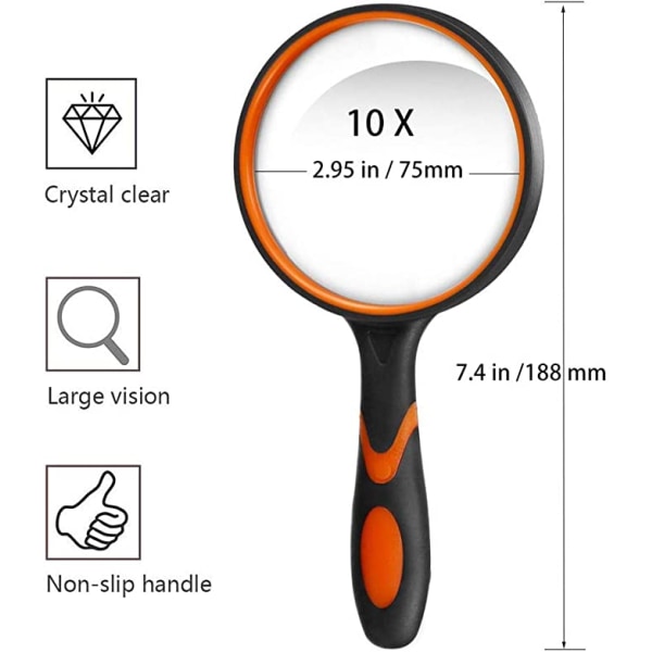 Forstørrelsesglas 10X (Orange), Håndholdt læseforstørrelsesglas med skridsikker