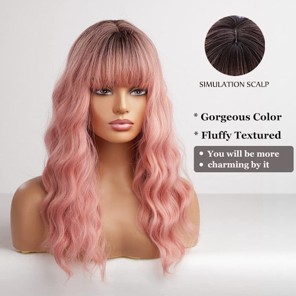 Rosa Ombre Wavy Värmebeständig Syntetisk Peruk med Lugg för Del