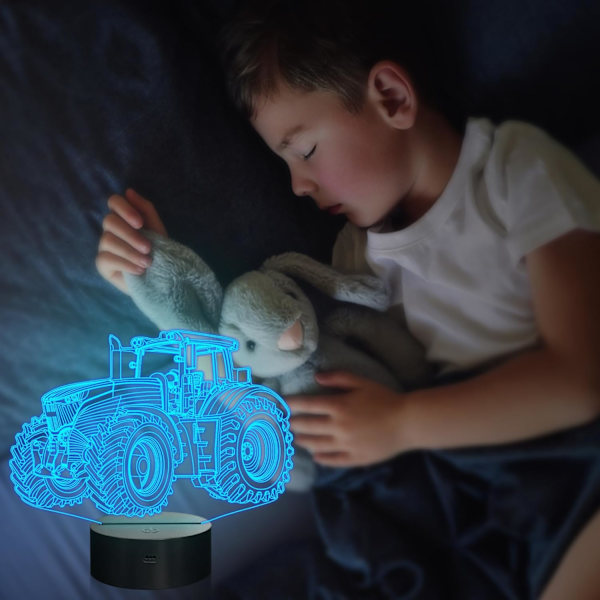 Traktor 3D illusjonsnattlampe, 16 farger skiftende dimbar hologram belysning, smart timer leketøy USB-lader bord skrivebord seng