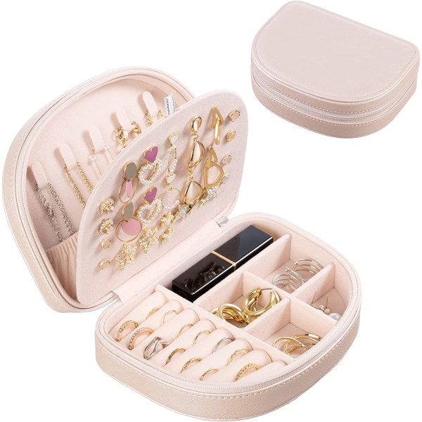 Portable Double Layer Small Jewelry Box-Pink, Lightweight PU Lea