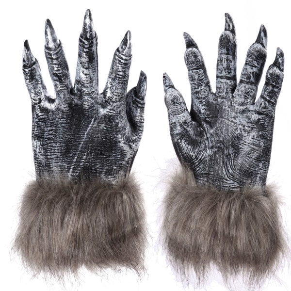 Werewolf Hand Costume hansker - Grå hårete Wolf Claw Hands Paws M