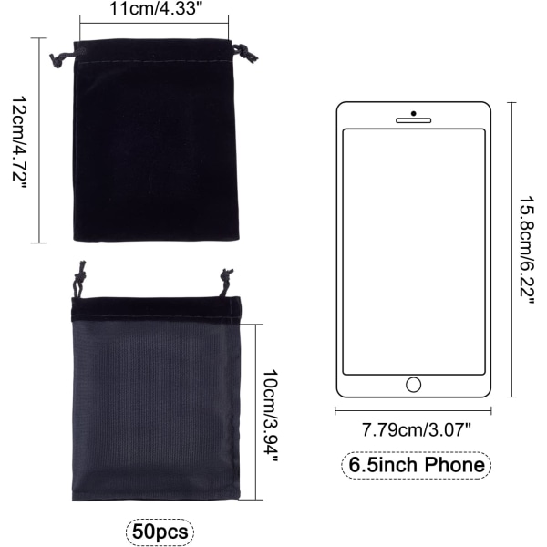 50 stk. fløjlsposer med snørelukning, sorte smykkeposer 3,9x 4\"