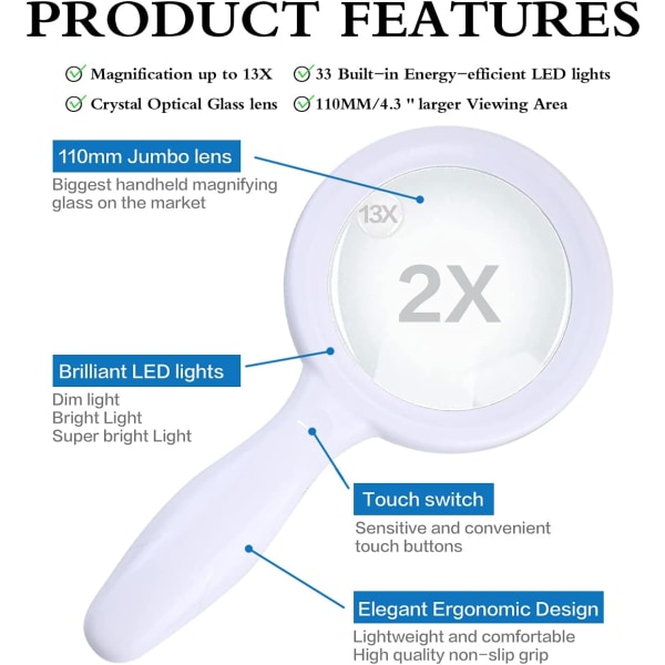 Läsglasögon 13X 2X Uppladdningsbar Upplyst Förstoringsglas