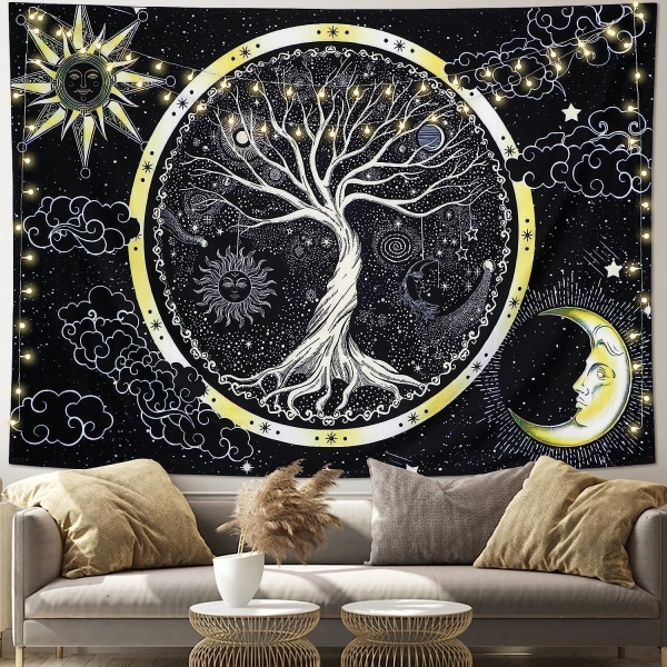 Psykedeelinen (Aurinko, 148x200cm) Kuu ja aurinko seinälle ripustettava kuvakudos T