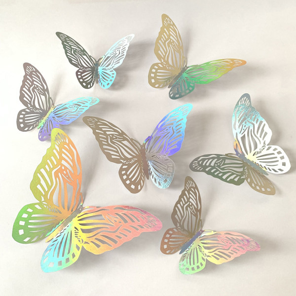 C-60 Stk 3D Sølv Butterfly Wall Stickers, Holografisk Sølv