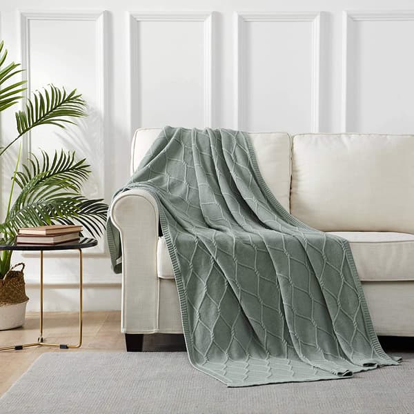 Bomull Salviegrønn Kabelstrikket Teppe for Sofa, Lett