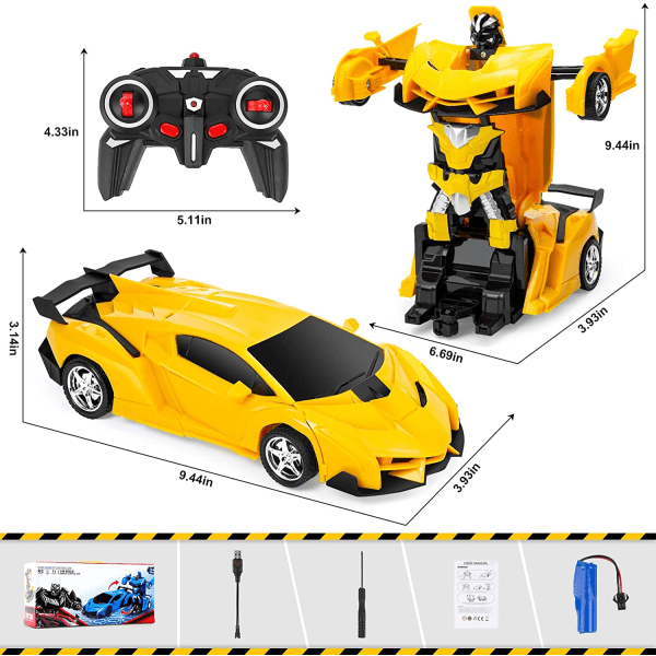 2-i-1 bil (gul) fjernbetjeningsrobot, 1:18 Transformer Toy Gif