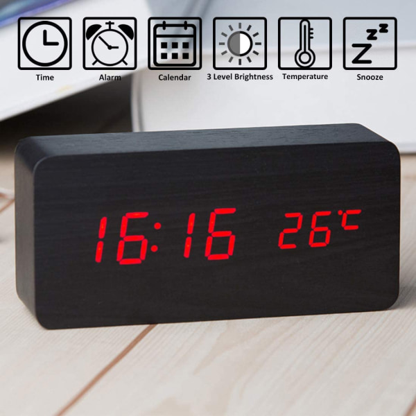 Digital klokke av tre - Multifunksjons LED-vekkerklokke med Time/D