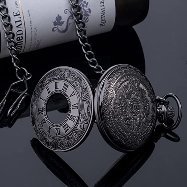Svart Vintage Quartz Lommeur med Romertall og Kjede