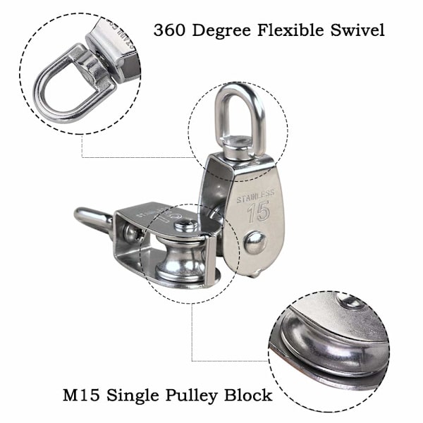 12 stk. M15 304 rustfrit stål enkelt remskive, 15MM enkelt remskive
