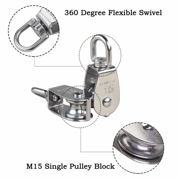 5 stk. M15 304 rustfrit stål enkelt remskive, 15MM enkelt træk