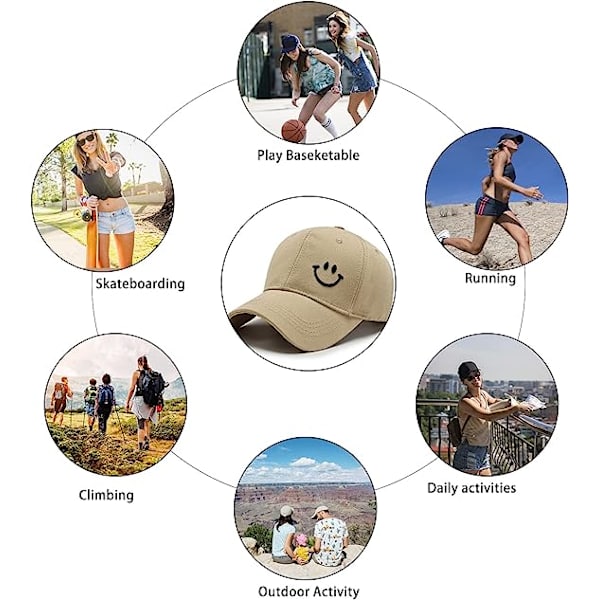 Khaki smiley-ansigts baseball cap, bomulds baseball cap med solbeskyttelse