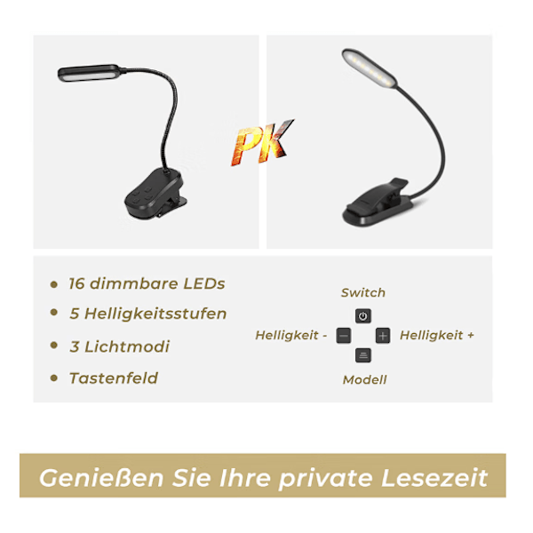 Ladattava LED-lukuvalo, jossa on 3 väritilaa ja 5 säädettävää kirkkaustasoa