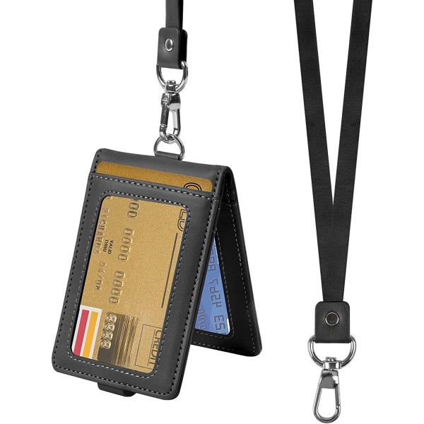 Svart - ID-korthållare med lodrätt läder-ID-märke Ho