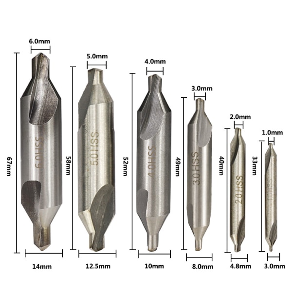 6-pakning dobbelthodede senterbor (1,0 mm, 1,5 mm, 2 mm, 2,5 mm, 3 mm, 5 mm)