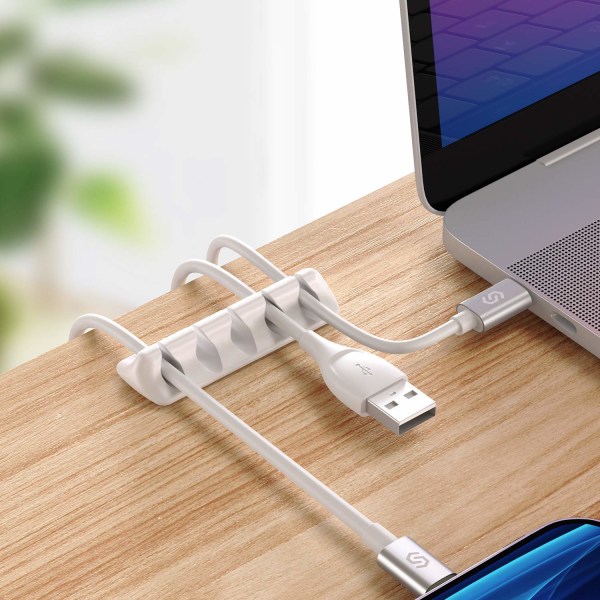 Hvit Desktop Cable Organizer Clips - Sett med 5 - Silikonkabel