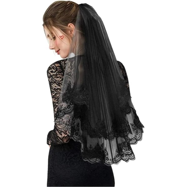 Bridal Veil Black Halloween Double Layer Wedding Veil with Hair C