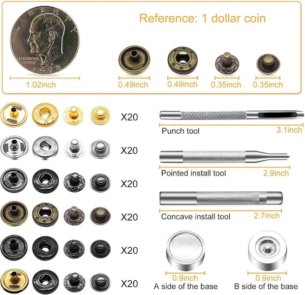 120 sæt læder trykknap-sæt, 12,5 mm metal trykknapper