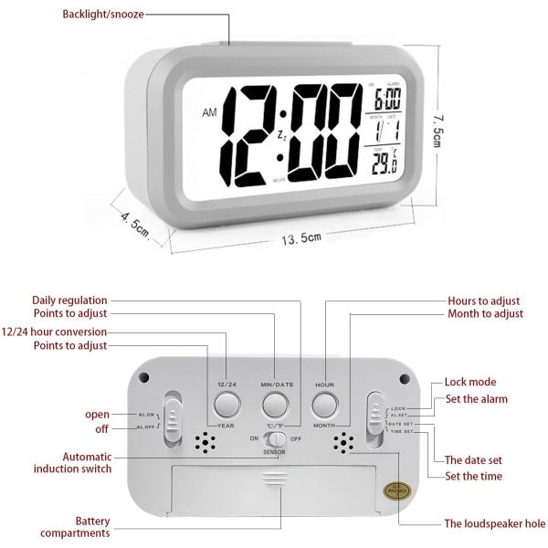 Hvit digital vekkerklokke, LED-vekkerklokke med temperatur, Sno