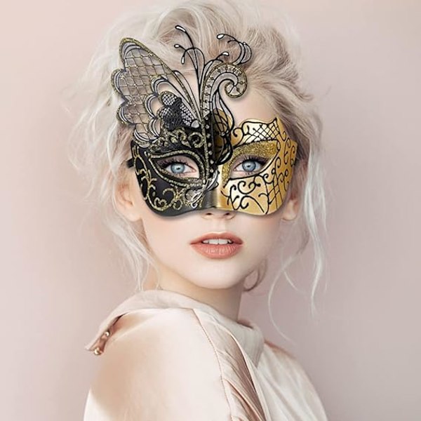 2-delade gyllene venetianska masker, metallmaskeradmasker, parmasker