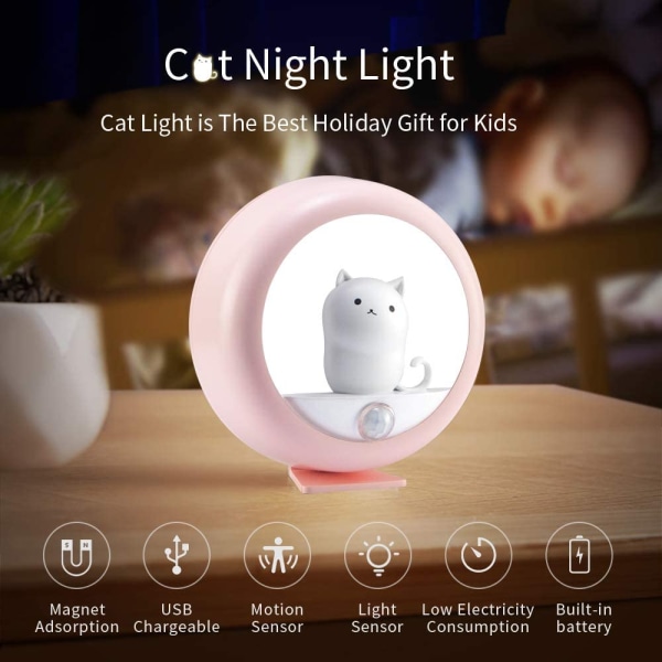 Melaus Motion Sensor Nattlys Cute Cat Light Magnetic Rec