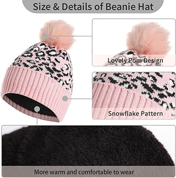 Leopard Beanie Hat, Halstørklæde og Touchscreen-handsker Sæt med Pom fo