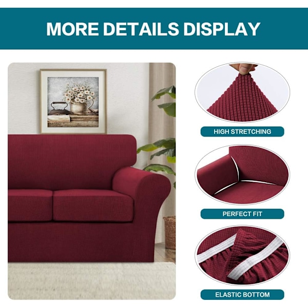 4-delers Sofadeksel for 3-seters Sofa, Sofa Trekk Myk Sofa Deksel (Burgunder)
