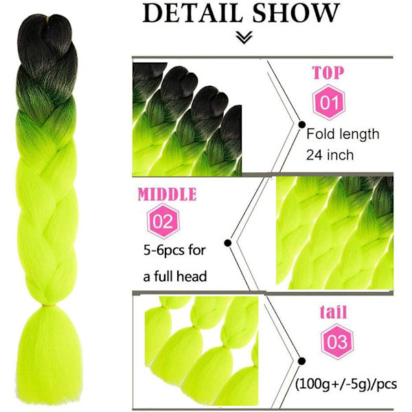 6PCS (Svart/Neon Gul) Flätor Extensions Hår ombre fläta h