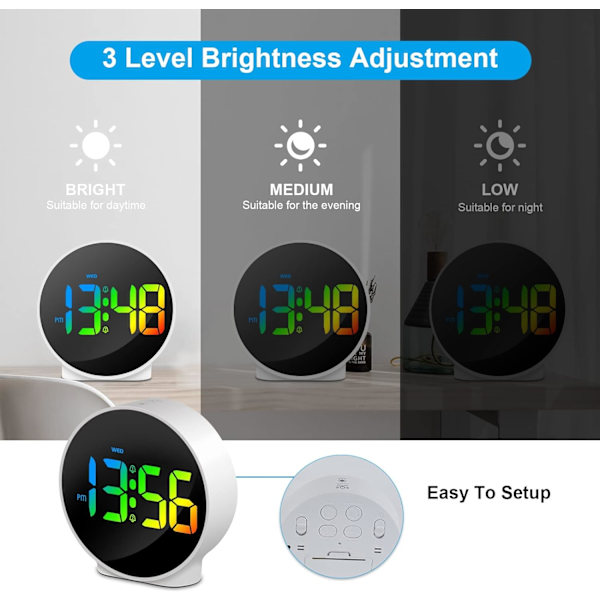 Vit liten digital väckarklocka med LED-c, veckodagvisning, 2 alarm