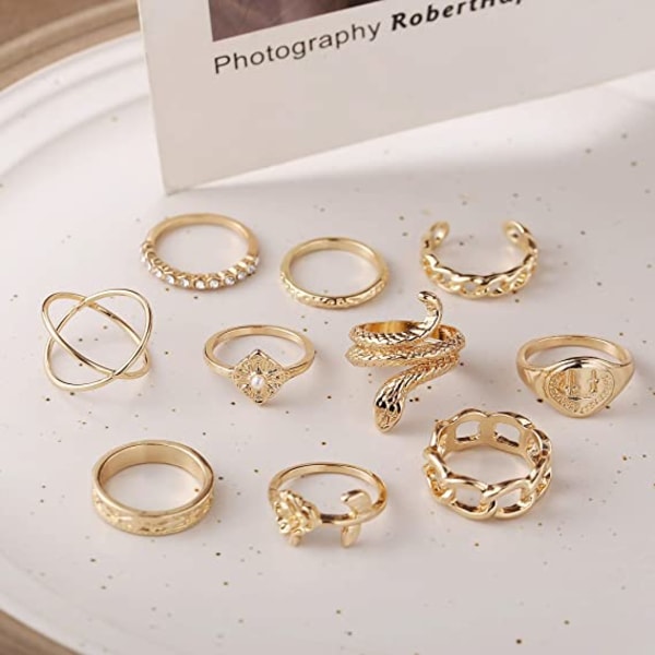 Guld og sølv kno ring sæt til kvinder og piger, 10 ringe, vintage