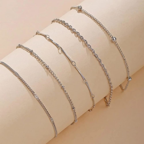 1 st Silver Boho Carifin Beaded Anklets Multilayer Silver Chain A
