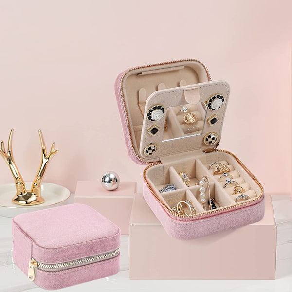 Mini sammets smyckeskrin för resor (rosa) med spegel för örhängen,