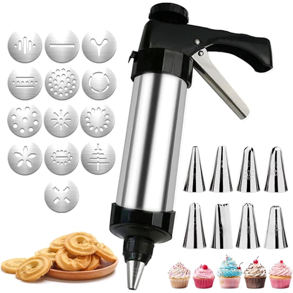 Kakepresssett, Kakepresspistol i rustfritt stål med 8 sprøytetips og 13 kakeplater for DIY