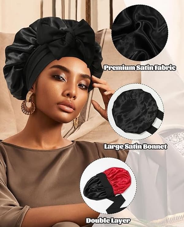 (Sort+Rød) Satin Bonnet Silke Bonnet til Sovning Silke Nattehue Dobbelt Lag Hår Bonnet med Elastikbånd til Krøllet Hår