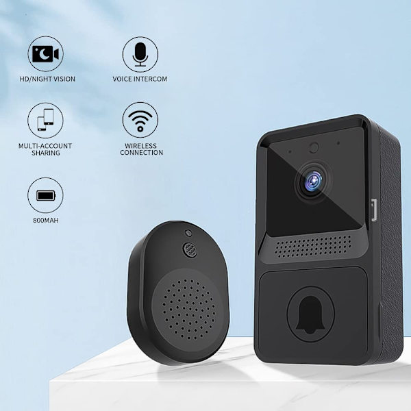 Svart - Trådlös videodörrklocka, Wi-Fi Smart videodörrklocka, Nig