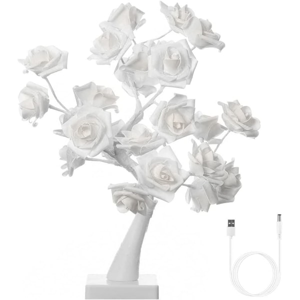 24stk LED White Rose skrivebordslampe Batteri eller USB-drevet, Timer Adj