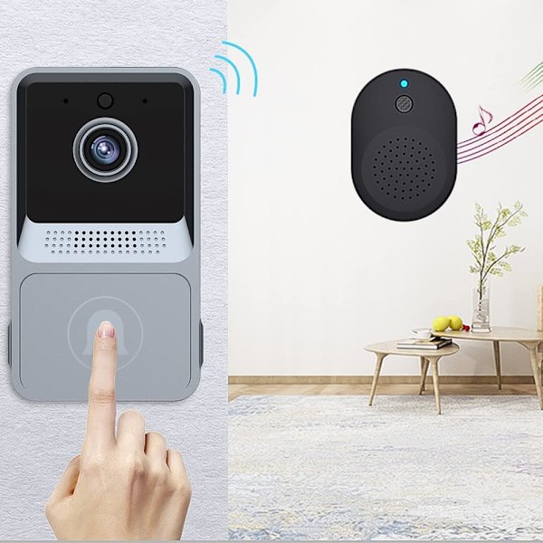 Grå - Trådløs videodørklokke, Wi-Fi smart videodørklokke, nat