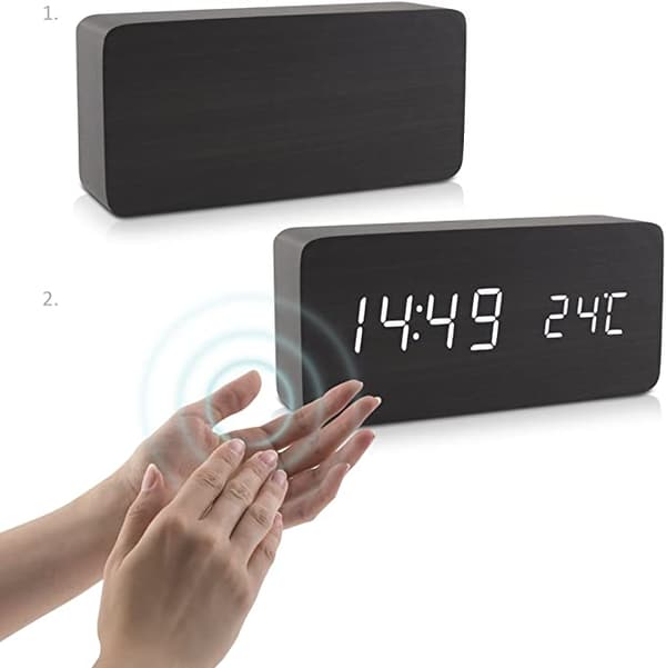 (sort) Træ LED Vækkeur - Træ Look Digital Ur - Tou