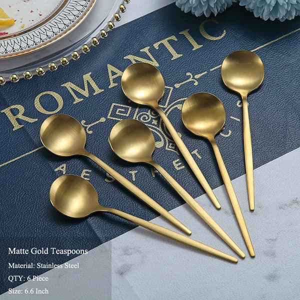 Sæt med 6 matte guld kaffeskeer, 7,3 tommer, små rustfrie S