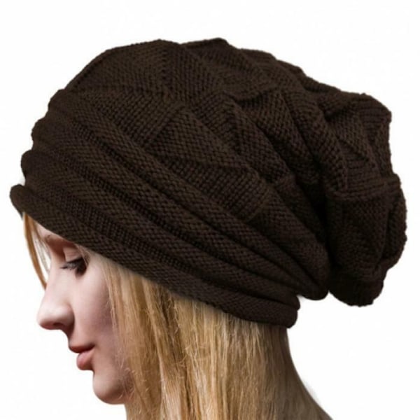 Dame og Herre Vinter Hæklet Slouch Hat Uld Strikket Beanie Baggy (Brun) C