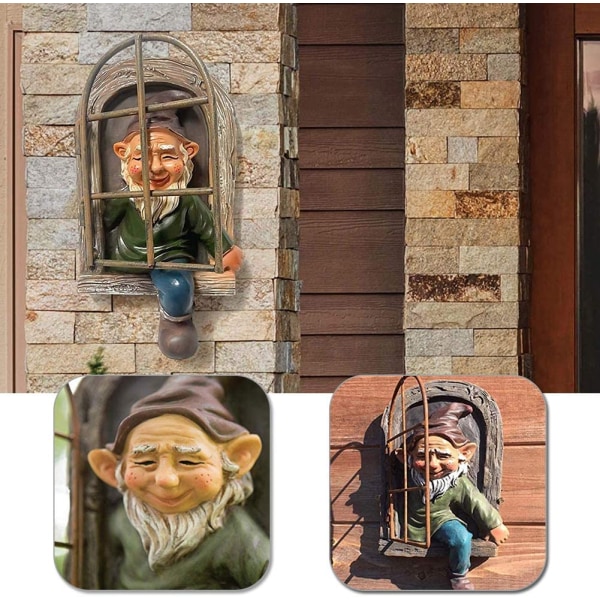 Mini Resin Have Statue Nisse Ud Af Døren Træ Hugger Have