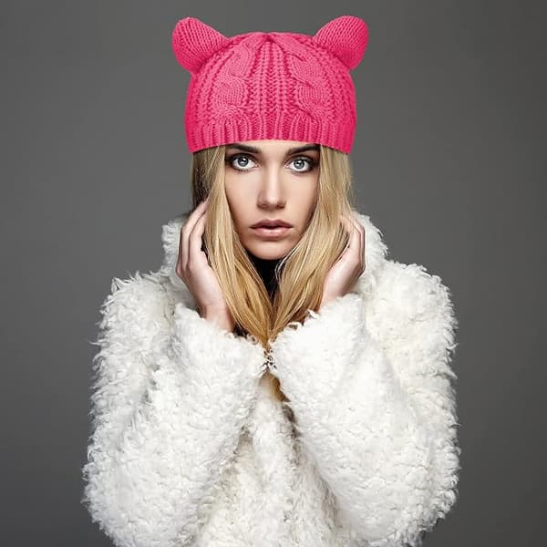Katteøre Hue Hat-Rose Red Cute Kat Strikkede Hat Vinter Strik Cab