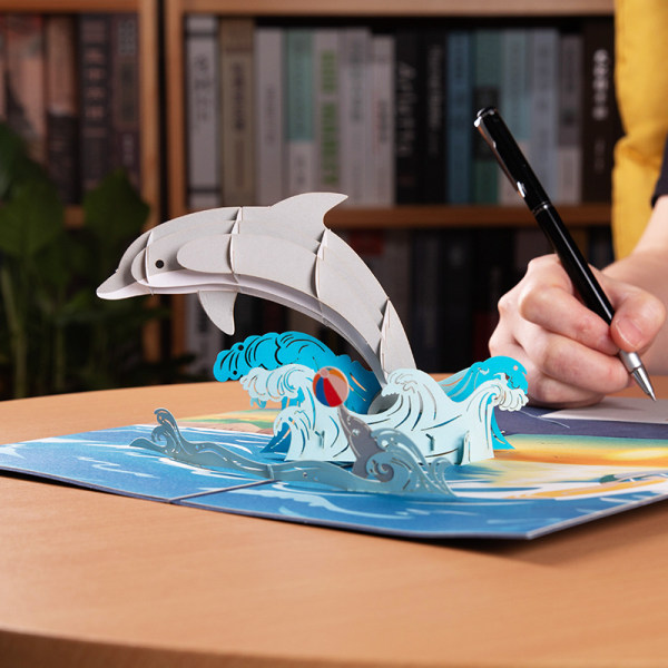 3D Dolphin pop-up kort, fødselsdagskort, konvolut inkluderet, født