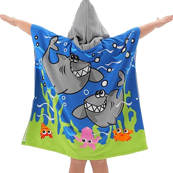 Badhandduk för barn (Blue Shark 150x75 cm), Strandhandduk för barn med huva U